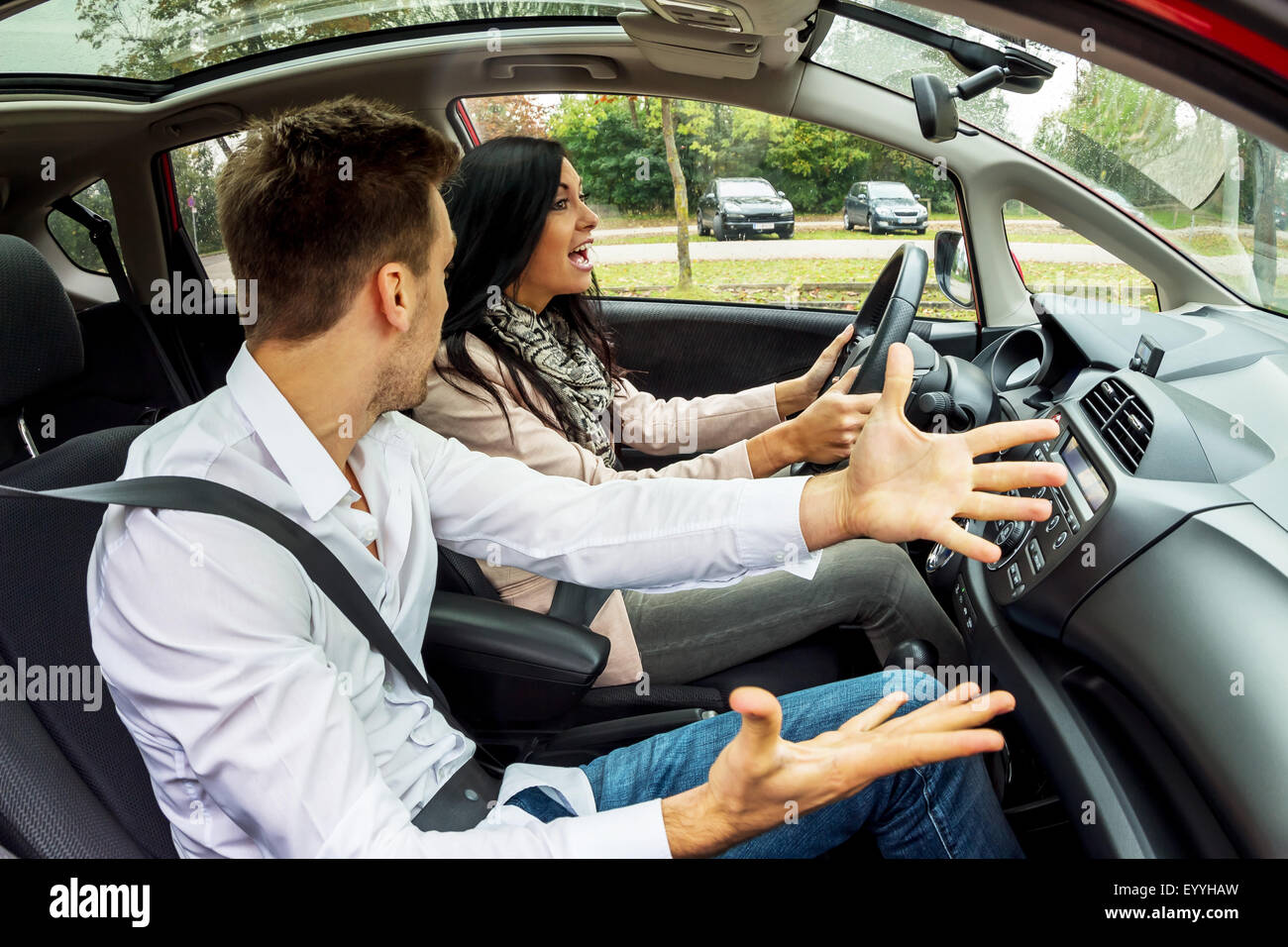 junge Frau fahren Autos mit gestikulierenden Mann als Beifahrer, Österreich Stockfoto