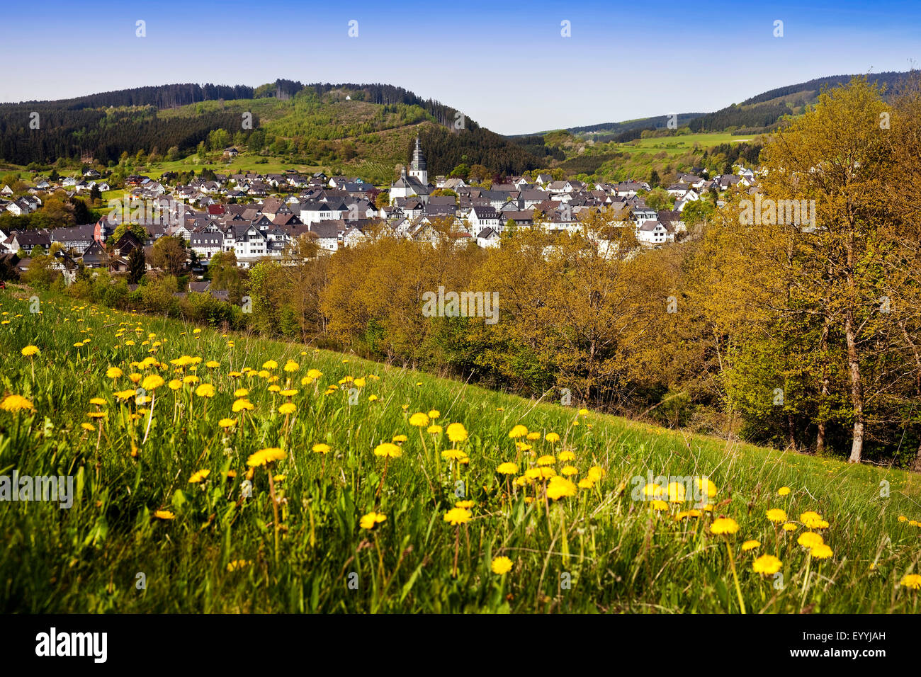 Blick auf malerische Dorf Hallenberg mit Kirche St. Heribert im Frühjahr, Hallenberg, Sauerland, Nordrhein-Westfalen, Deutschland Stockfoto