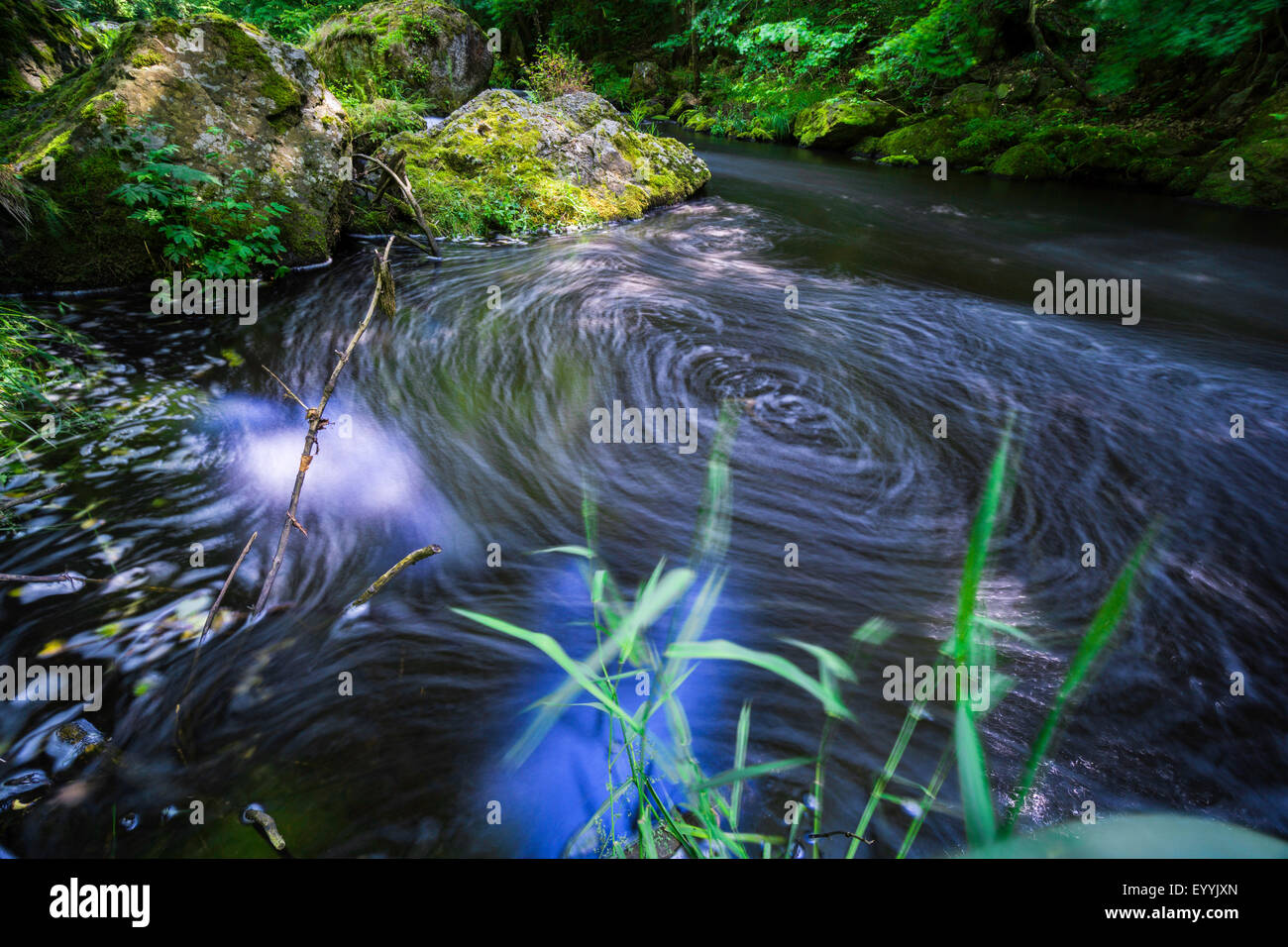 Turbulenzen in einem Bach, Triebtal, Vogtlaendische Schweiz, Sachsen, Deutschland Stockfoto