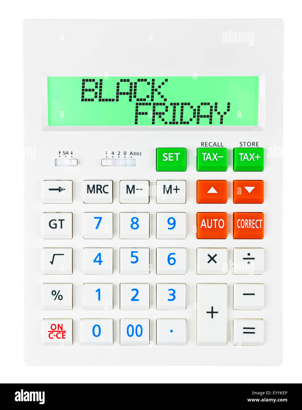 Taschenrechner mit BLACK FRIDAY auf display isolierten auf weißen Hintergrund Stockfoto