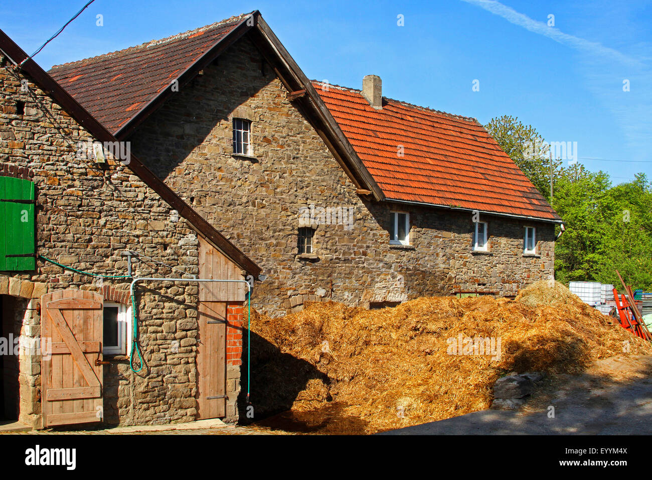 alte Mansonry eines Bauernhauses mit Misthaufen, Deutschland, Nordrhein-Westfalen Stockfoto