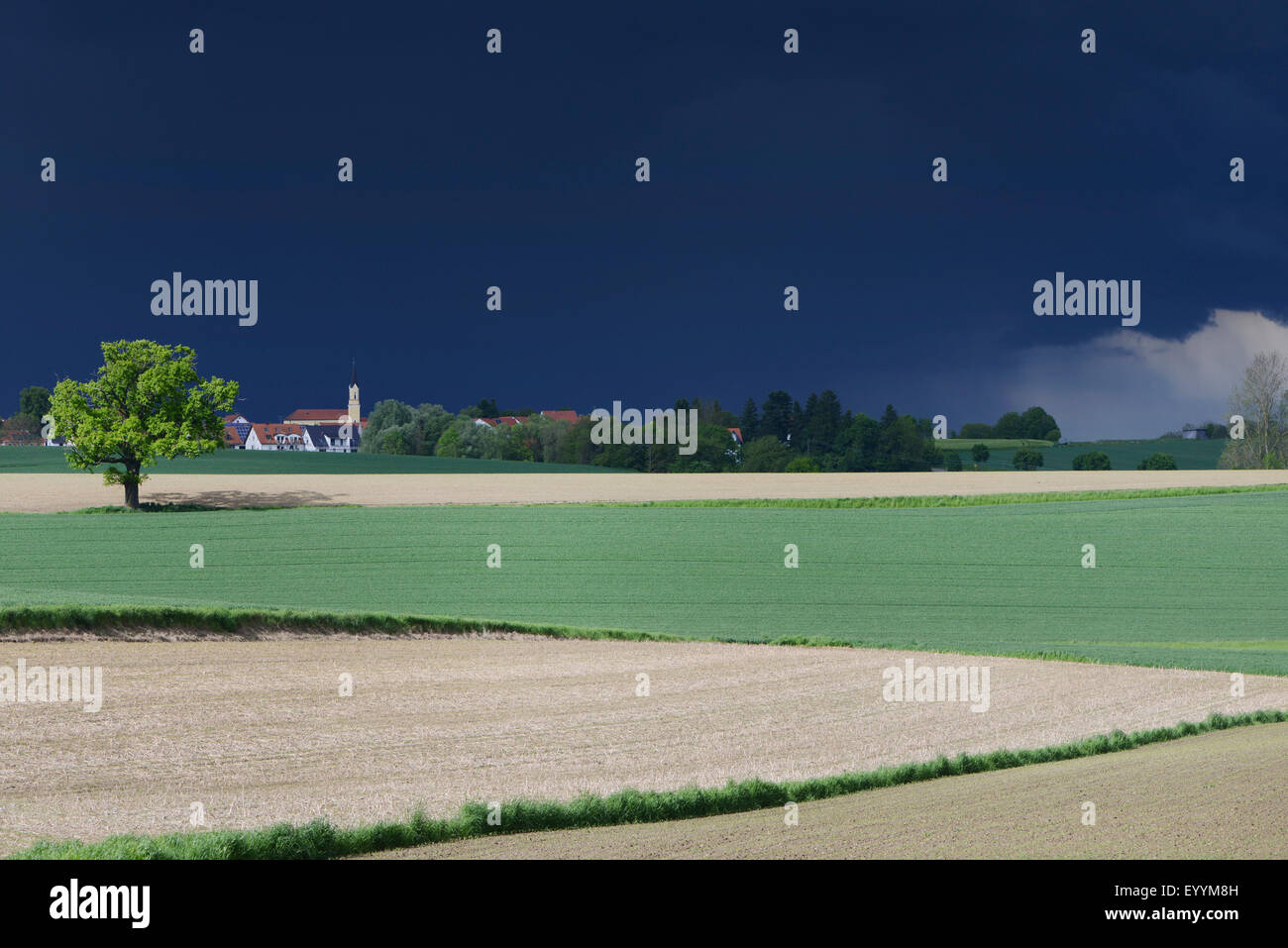 bedrohlich dunkle Gewitter über Feld Landschaft mit Dorf, Deutschland, Bayern Stockfoto