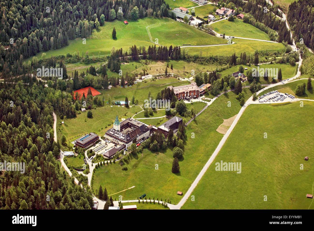 Luftaufnahme auf Schloss Elmau, 41. G7 Gipfel 2015 01.06.2015, Deutschland, Bayern, Oberbayern, Oberbayern, Klais Stockfoto