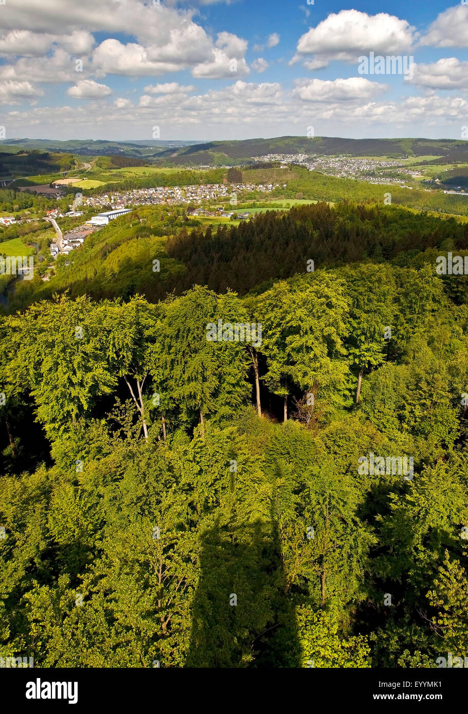 Blick vom Kueppel Turm Arnsberger Wald und Freienohl, Deutschland, Nordrhein-Westfalen, Sauerland, Meschede Stockfoto