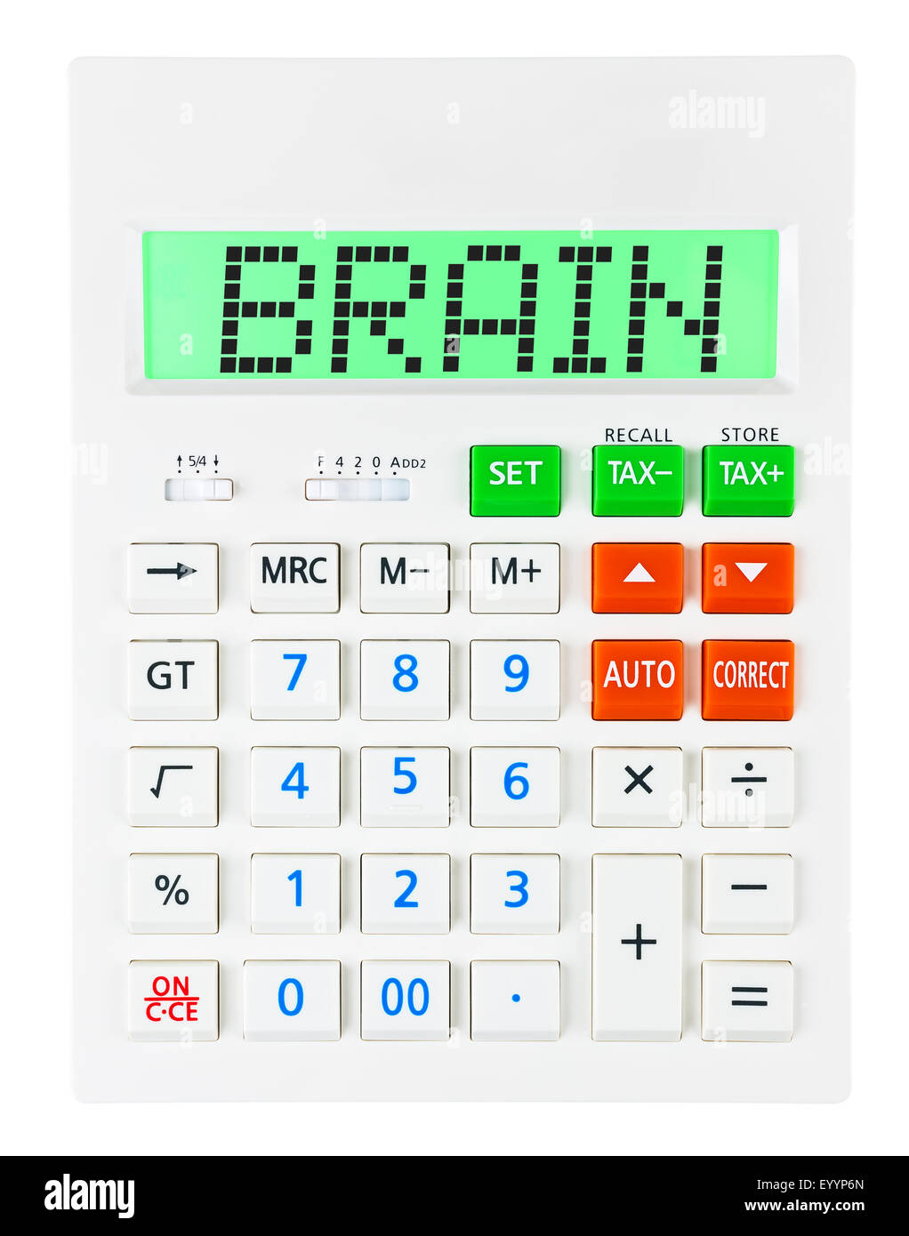 Taschenrechner mit BRAIN on display isolierten auf weißen Hintergrund Stockfoto