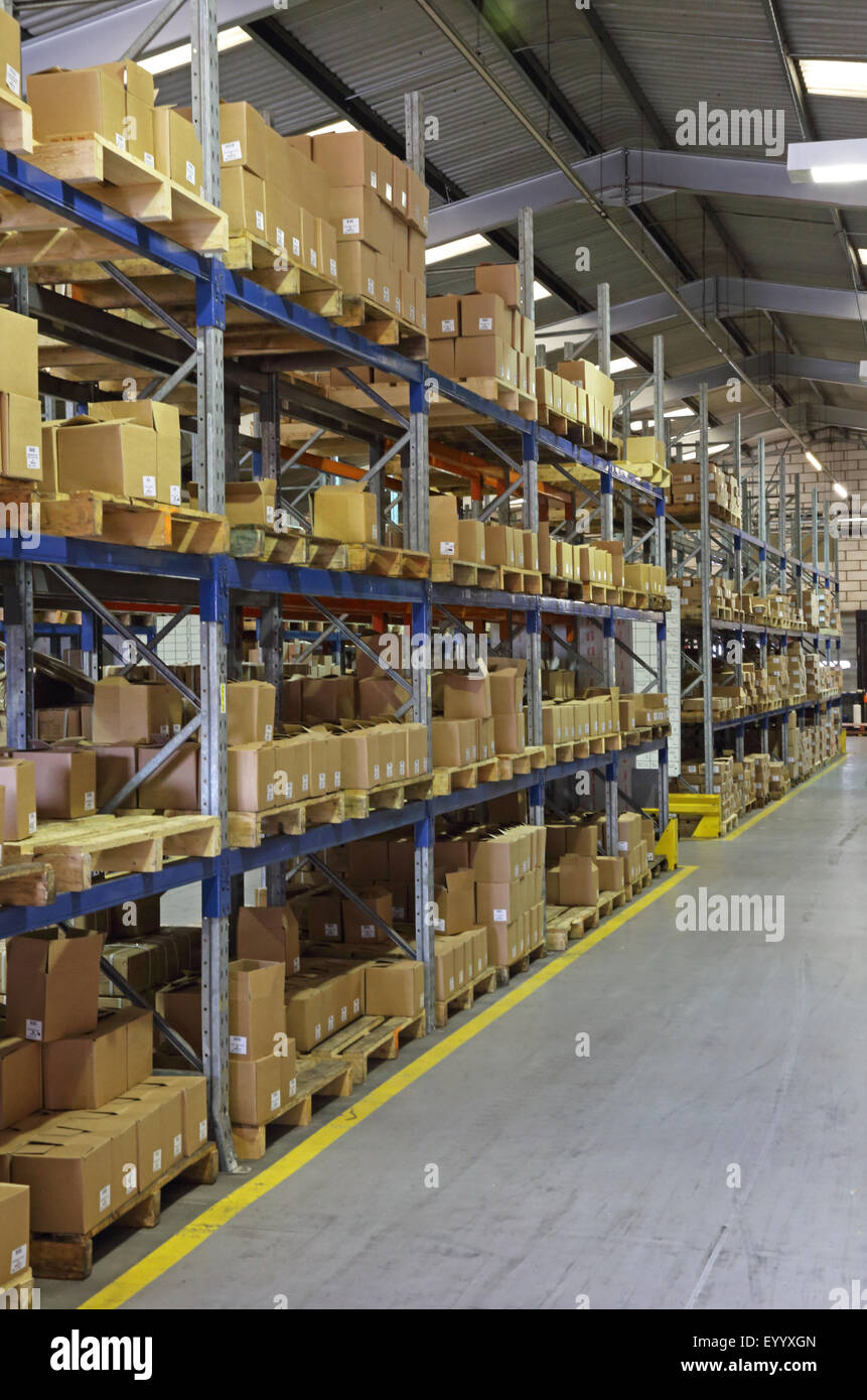 Boxen von fertigen gestapelt auf Paletten und Racks in einem sehr ordentlich und gut organisierte Fabrik Lager Stockfoto