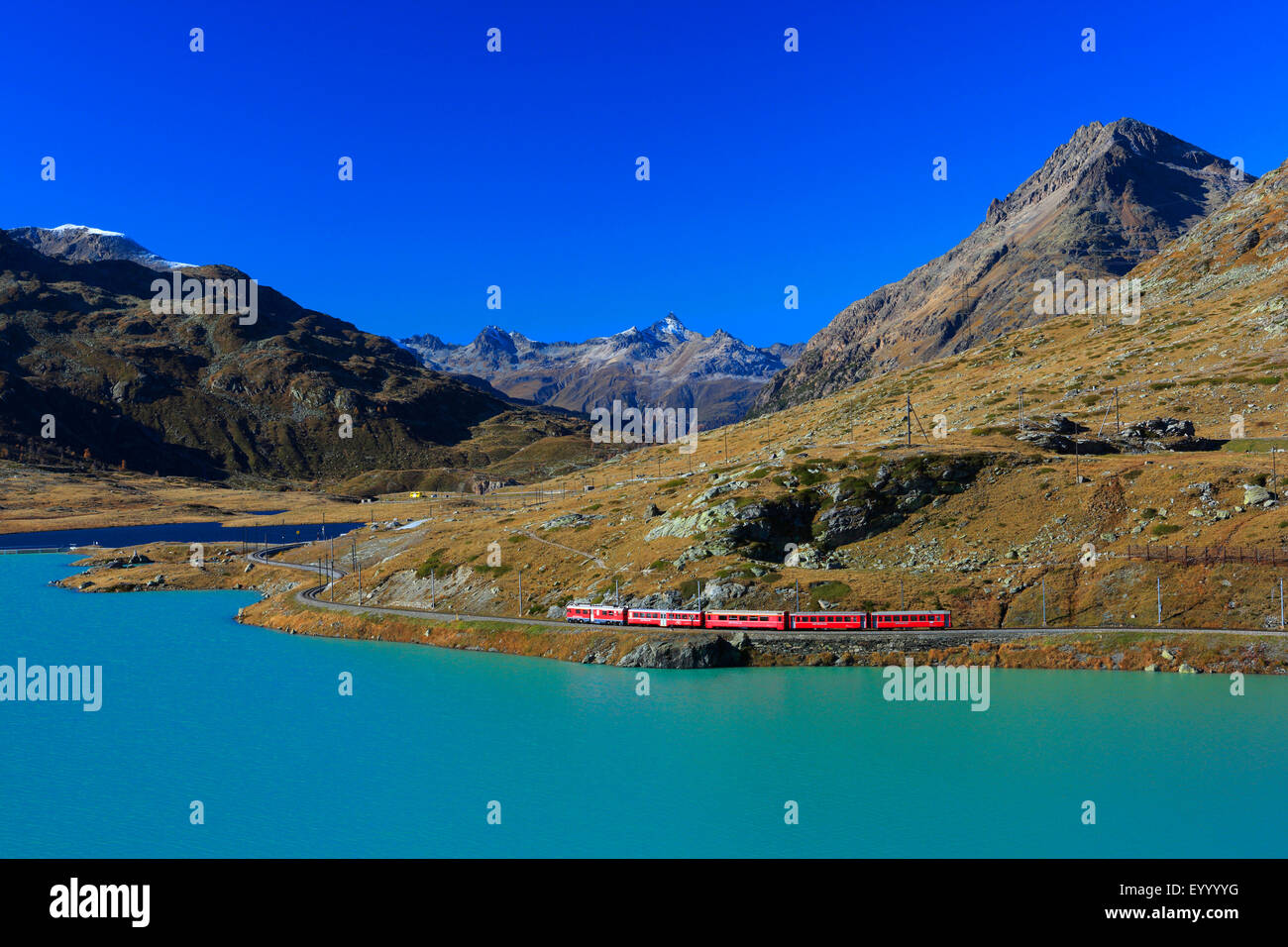Rhätische Bahn am Bernina Pass am Lago Bianco, Schweiz, Graubünden Stockfoto