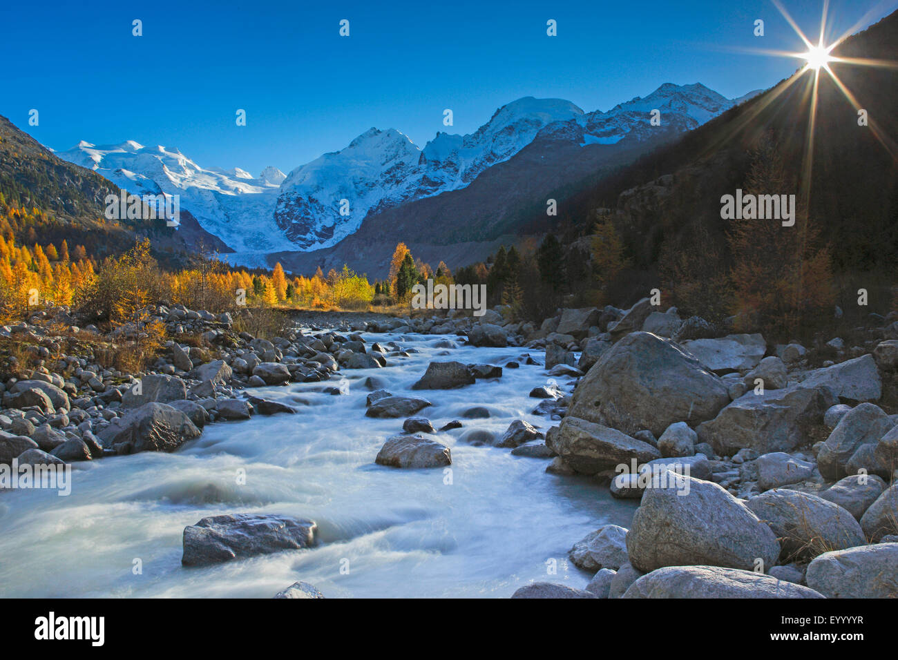 Piz Palue, 3905 m, Piz Bernina, 4049 m, Piz Morteratsch, 3751 m, Schweiz, Graubünden, Oberengadin Stockfoto
