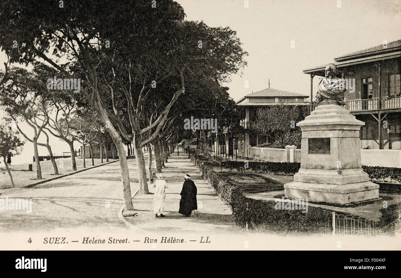 Suez, Ägypten - 1900 - eine alte Postkarte von Helene Straße in Suez, die Stadt am südlichen Ende des Suez-Kanals. FOTOSAMMLUNG VON BARRY IVERSON COPYRIGHT-ALLE RECHTE VORBEHALTEN Stockfoto