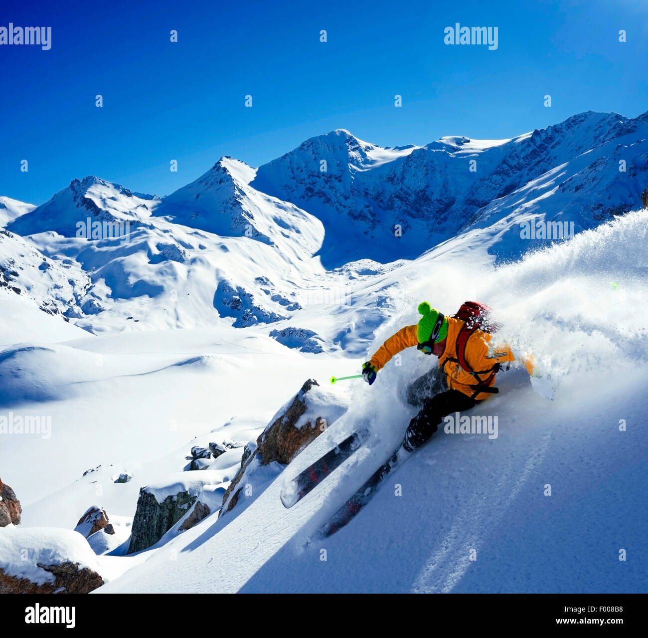 Freeskiing in den Alpen, Savoie, Frankreich, Sainte-Foy Stockfoto