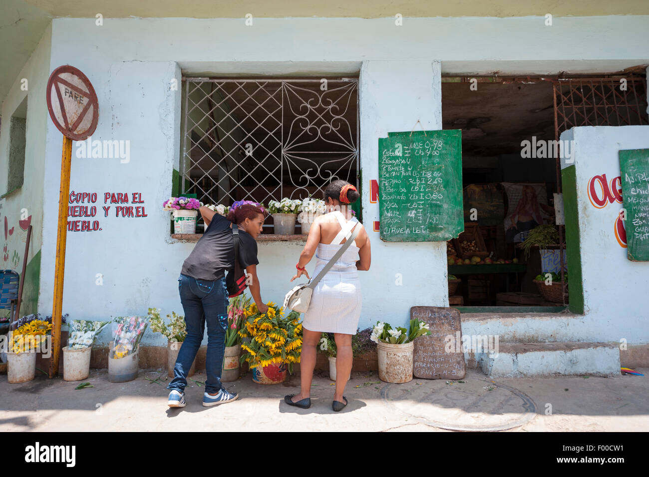BACURANAO, Kuba - 6. Juni 2011: Kubaner Shop bei einem lokalen Lebensmittelgeschäft am Straßenrand mit Blumen und frische produce.cuba, kubanische, Stockfoto