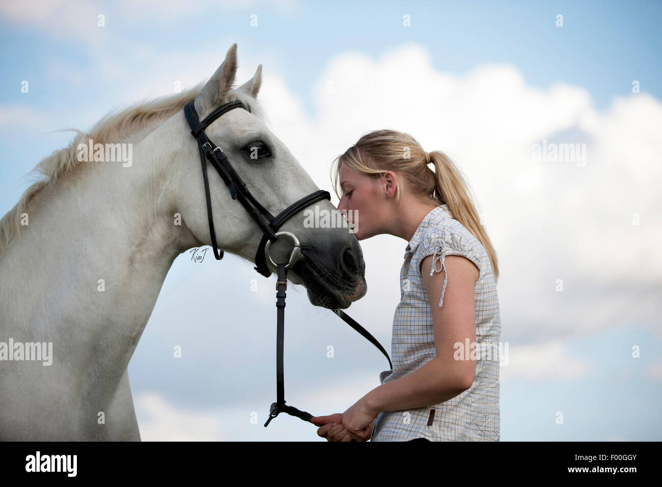 Eine junge Frau, die ein Pferd auf die Nase küssen Stockfoto