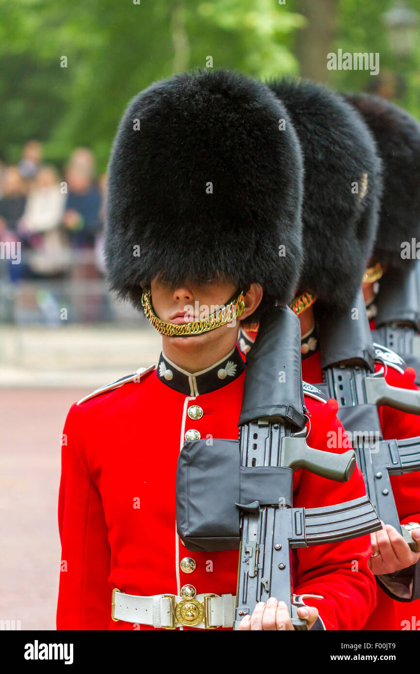 Ein Soldat der Grenadier Guards bei der Parade zur Queen's Birthday Parade, auch bekannt als Trooping the Color on the Mall, London, Großbritannien Stockfoto