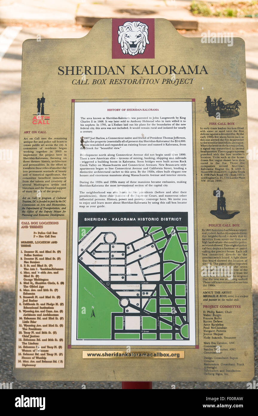 Plaque skizziert die Geschichte der The Sheridan-Kalorama Call Box Restoration Project, die verlassenen Polizei und Feuerwehr wieder Stockfoto