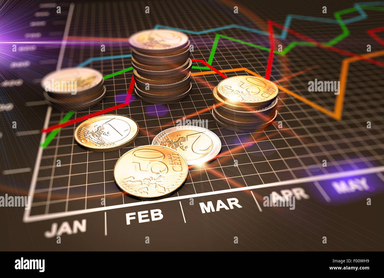 Finanzgeschäfte Chart und Münzen Stockfoto