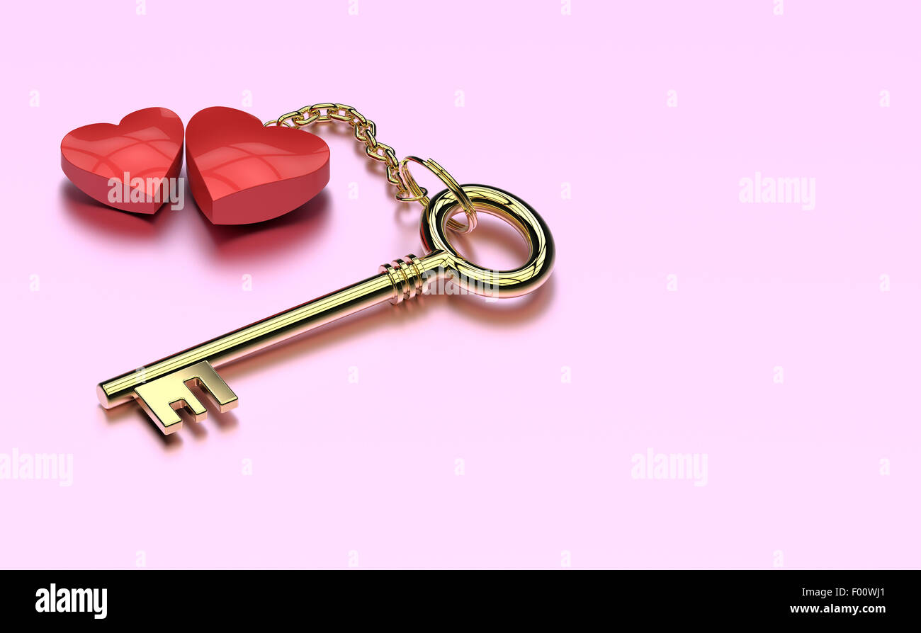 Der Schlüssel mit zwei Herzen als Symbol der Liebe Stockfoto