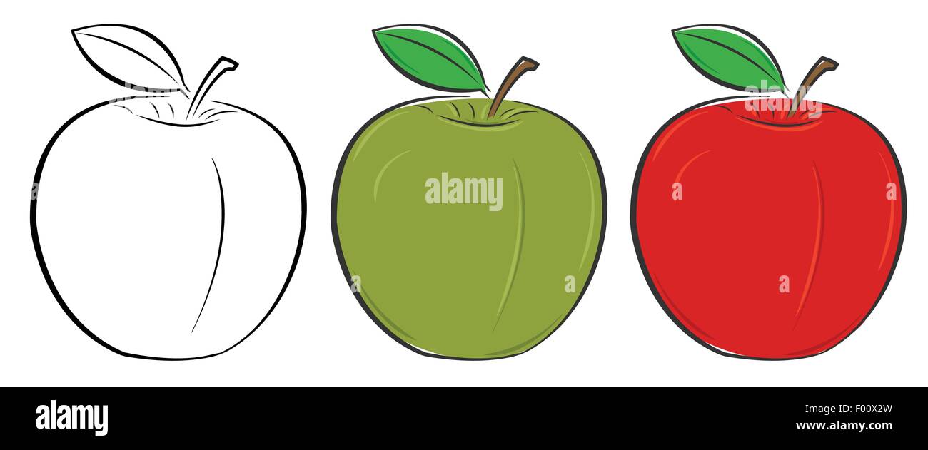 Grün, rot und skizzierte Apple gesetzt. Gesunde Ernährung-Konzept. Vektor-Illustration. Stock Vektor