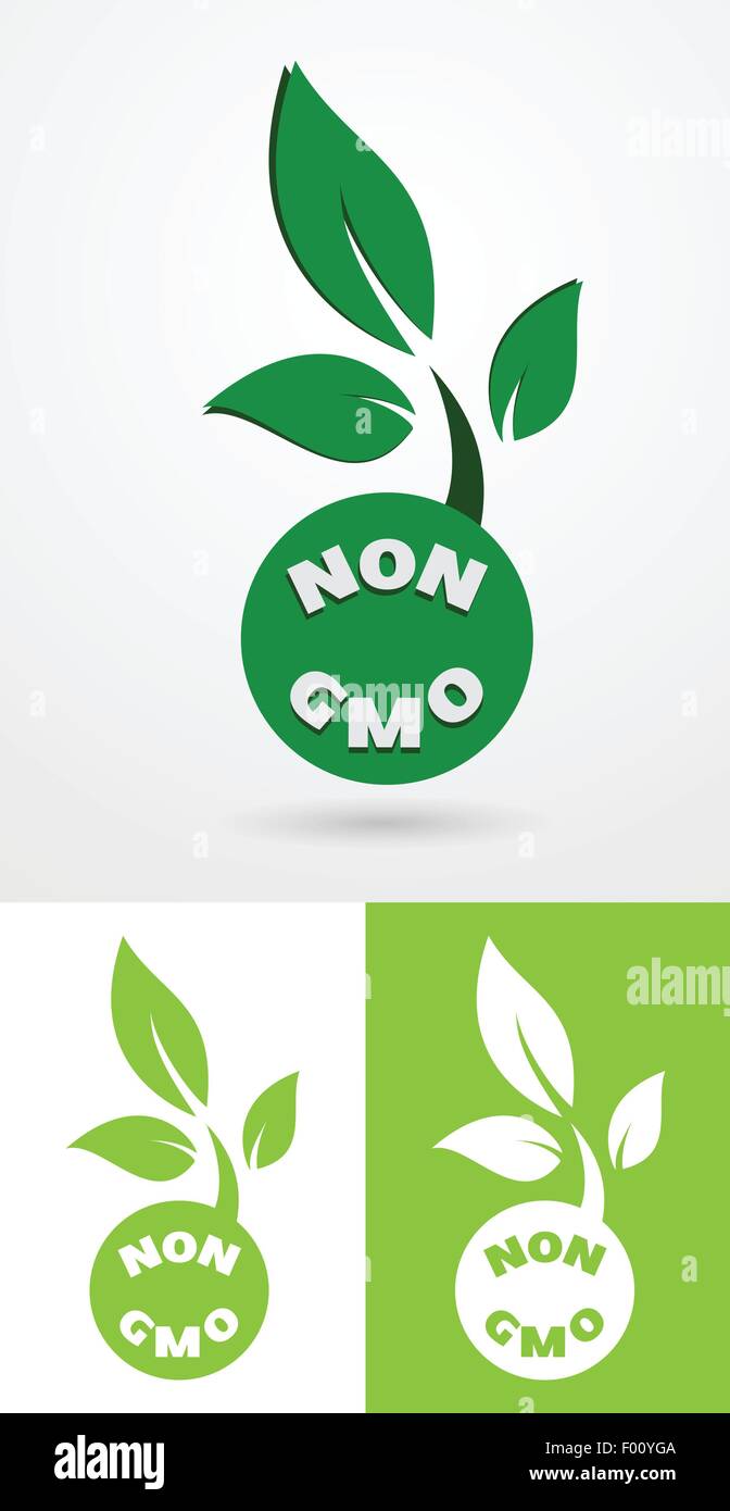 GVO-Schild mit grünen Blättern gesunde Naturkost Konzept Vecto Abbildung. Stock Vektor