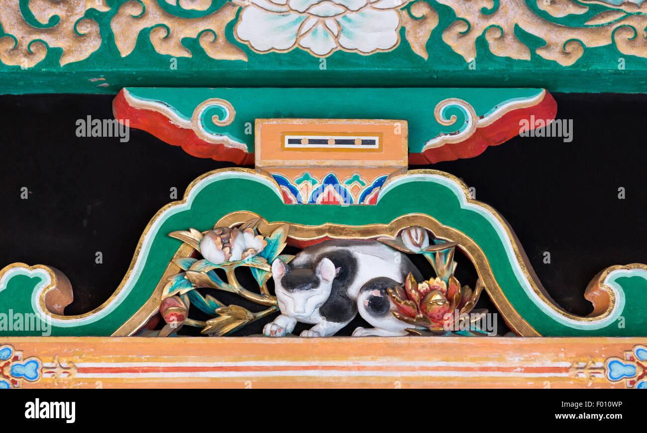 Nemuri Neko oder schlafende Katze Holzschnitzerei Hidari Jingoro am Tosho-gu Schrein in Nikko, Japan Stockfoto