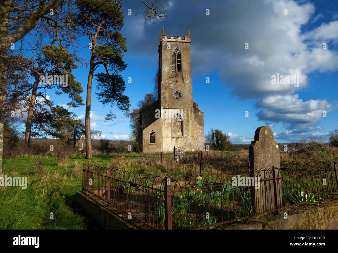 Zerstörte Rathbeagh Kirche, in der Nähe von Ballyragget, Grafschaft Kilkenny, Irland Stockfoto