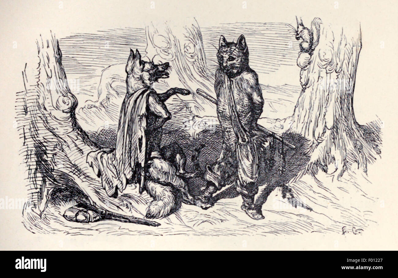 "Die Katze und der Fuchs" Fabel von Aesop (ca. 600). Die Katze und Fuchs diskutieren ihre schlaue Wege, der Fuchs hat viele Geräte zu entziehen, die Katze nur eine. Ein Rudel von Hunden erscheint und die Katze verschwindet auf einen Baum, wie der Fuchs vergeblich versucht zu entkommen. Ein sicheren Weg, als, den hundert auf denen man rechnen können nicht, besser. Illustration von Ernest Grisnet (1844-1907). Siehe Beschreibung für mehr Informationen. Stockfoto