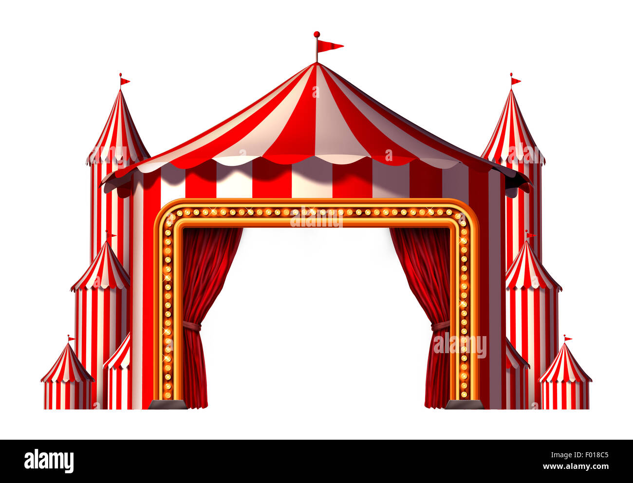 Zirkus Leerzeichen Bühne Zelt Design-Element als eine Gruppe von Zirkuszelt Karneval Zelte mit einem roten Vorhang öffnen Eingang als eine lustige Unterhaltung Symbol für eine theatralische Party Festival isoliert auf einem weißen Hintergrund. Stockfoto