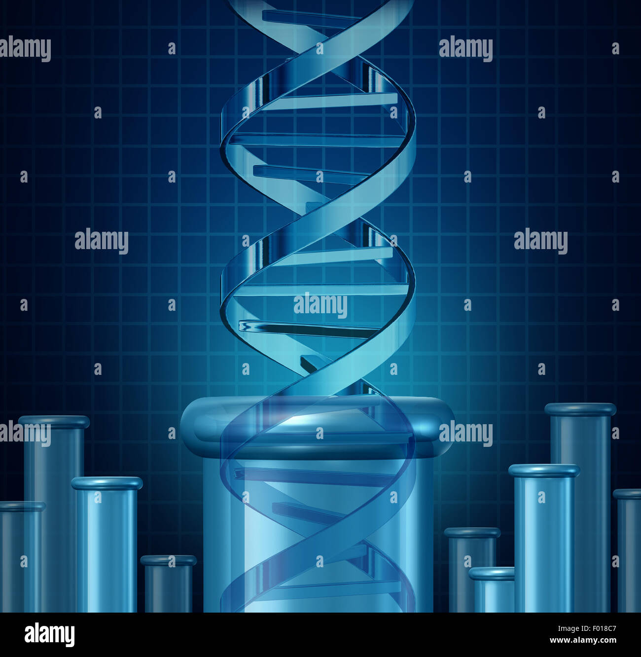 DNA-Tests und Genforschung Konzept als Doppelhelix Wissenschaft Becher als Biotechnologie und Medizin Symbol für gen Bearbeitung als eine Doppelhelix steigt aus einem Labor-Becher. Stockfoto