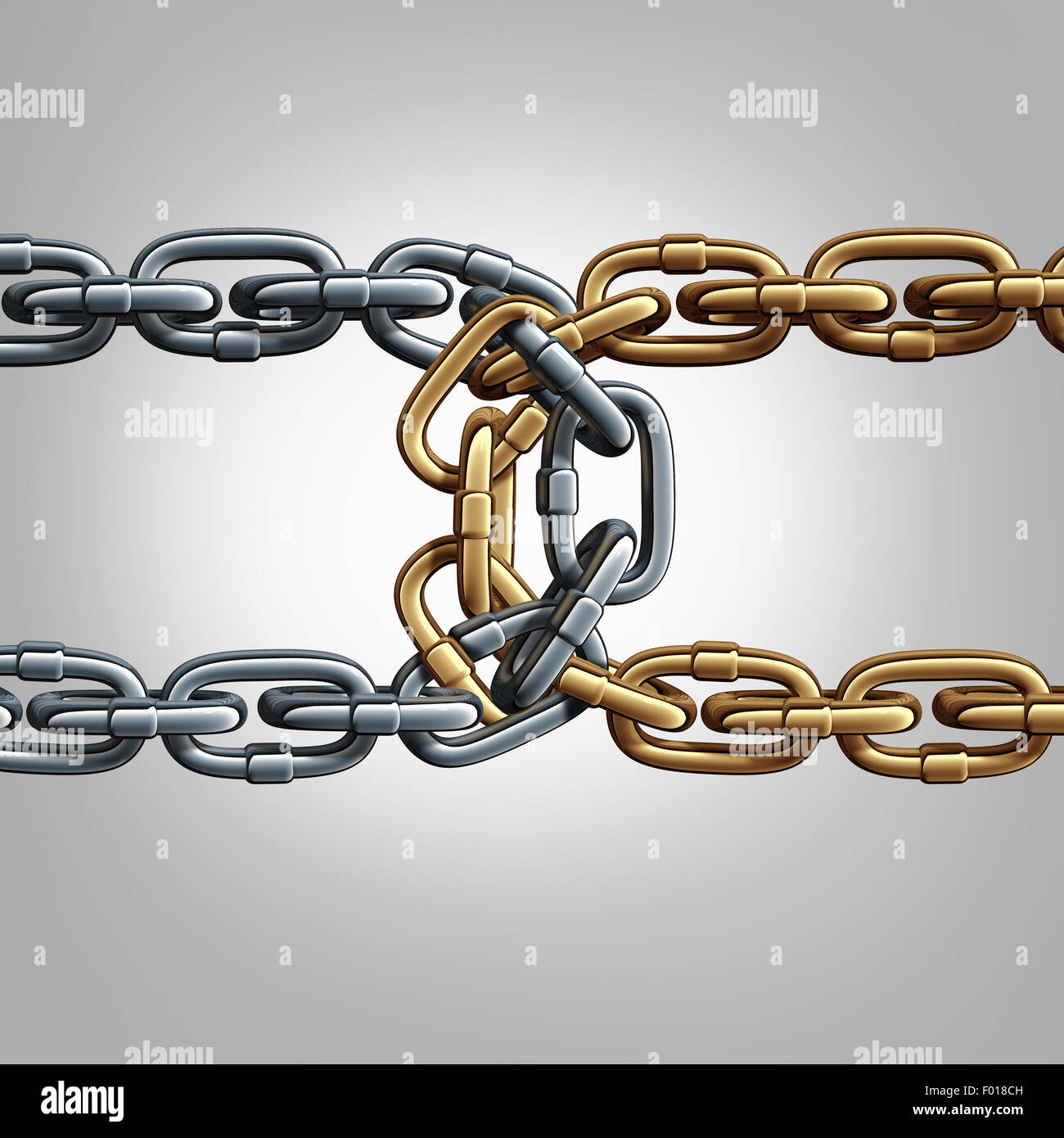 Angeschlossene Einheit-Chain-Konzept als zwei verschiedene Gruppen von Ketten gebunden und miteinander als eine unzerbrechliche Verbindung Vertrauen Stockfoto