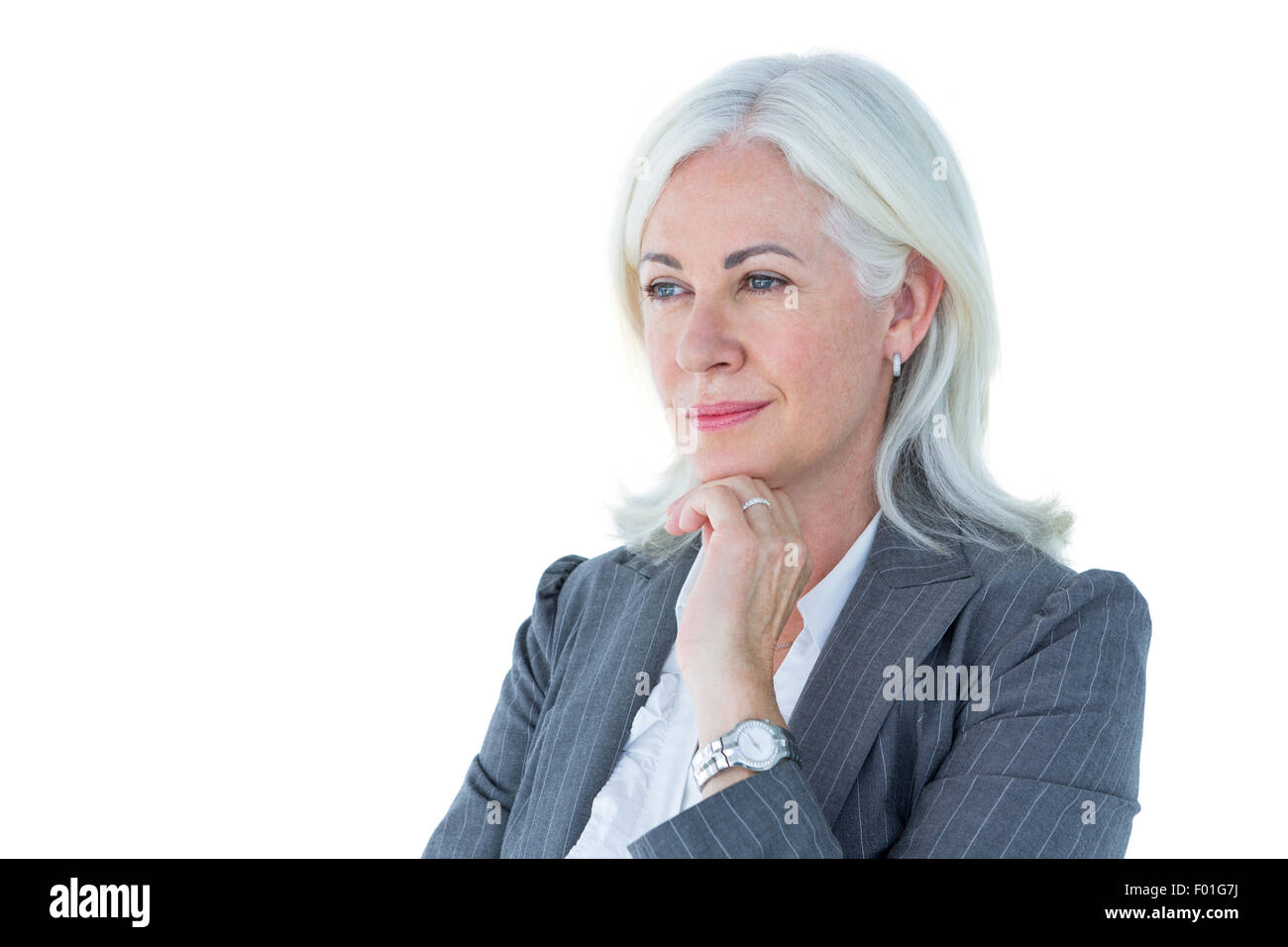 Nachdenklich Geschäftsfrau ihr Kinn berühren Stockfoto