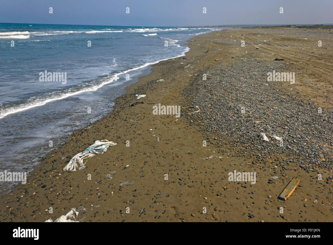 Beach Pollution Cyprus Copy Space Stockfoto