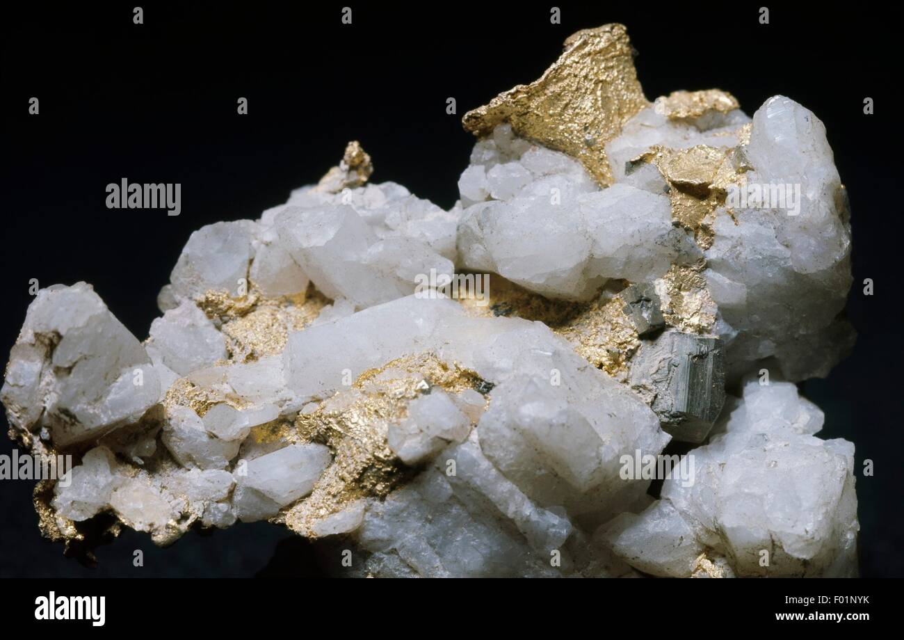 Gold, native Element auf Quarz, Oxid. Stockfoto