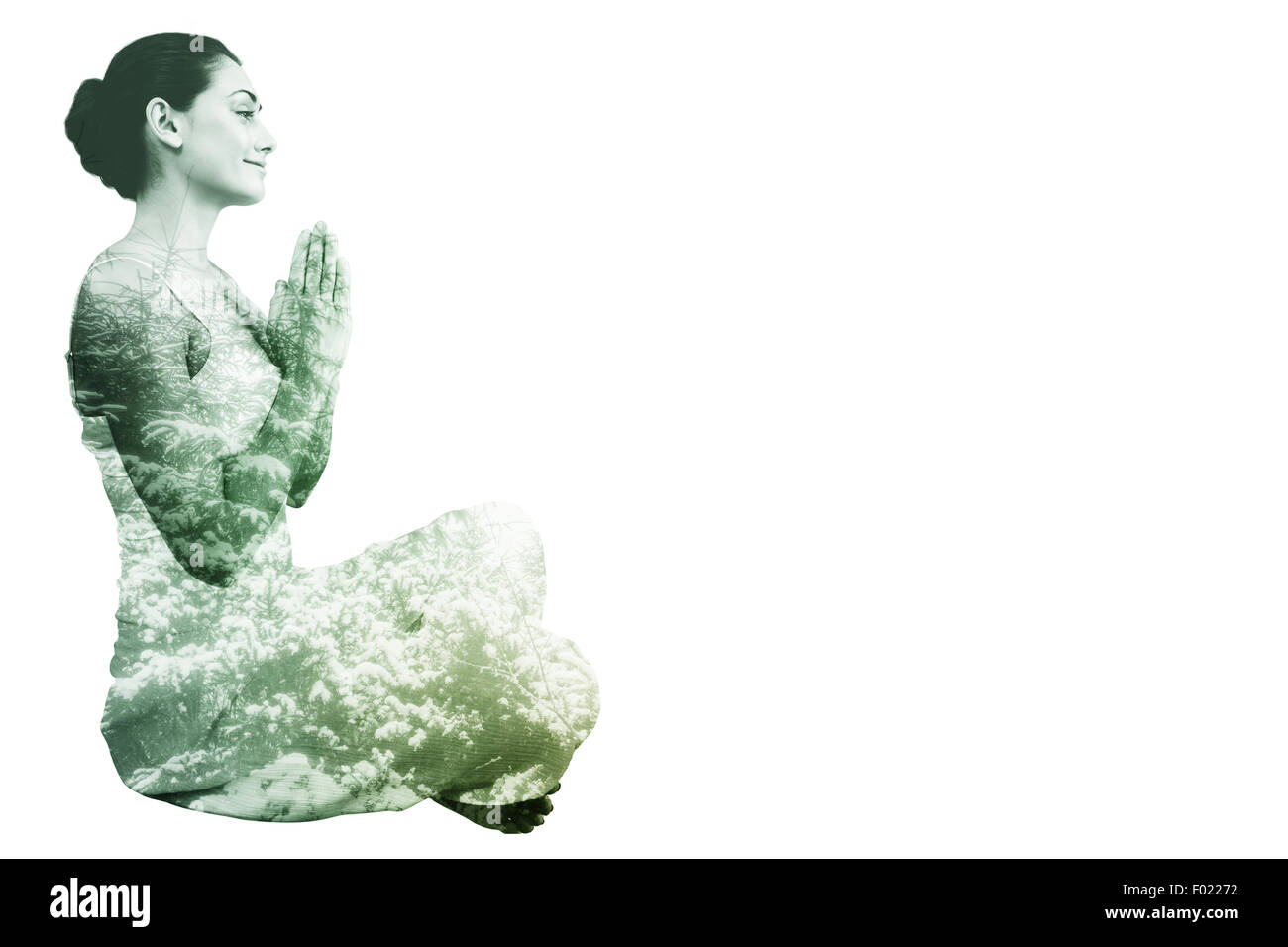 Zusammengesetztes Bild Inhalt Brünette in weißen sitzen in Lotus-pose Stockfoto