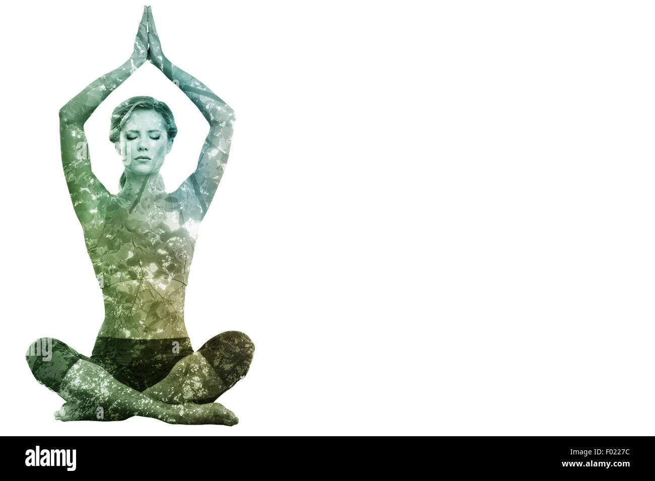 Zusammengesetztes Bild ruhig blonde meditieren in Lotus-Pose mit erhobenen Armen Stockfoto