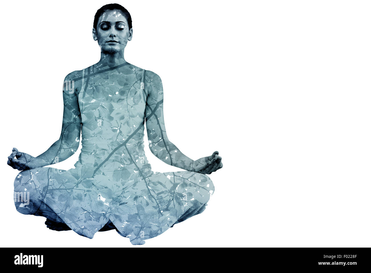 Zusammengesetztes Bild friedliche Frau in weißen sitzen in Lotus-pose Stockfoto