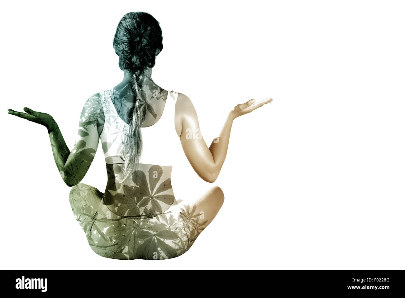 Zusammengesetztes Bild sportliche blonde im Lotus Pose sitzen Stockfoto