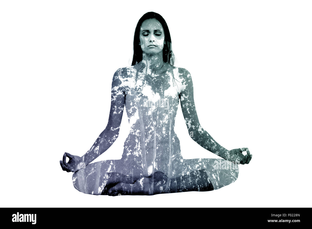 Zusammengesetztes Bild durchtrainierten Frau in Lotus pose im Fitness-studio Stockfoto