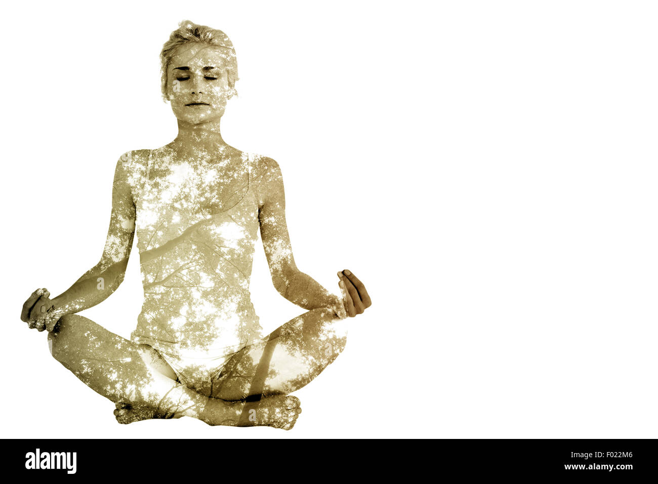 Zusammengesetztes Bild von getönten junge Frau sitzt in Lotus-Pose mit geschlossenen Augen Stockfoto