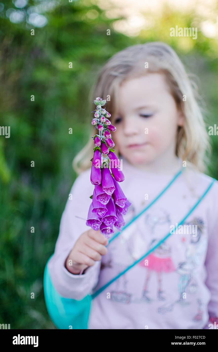 Porträt eines Mädchens, die eine Blume Stockfoto