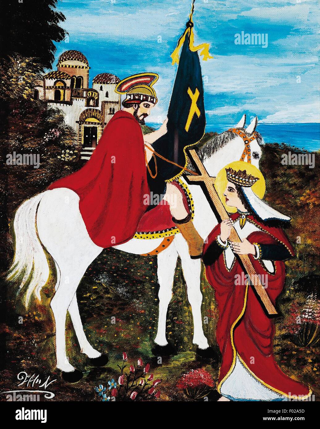 Saint Constantine auf dem Pferderücken, ex-Voto, Heiligtum der Heiligen Konstantin, Sedilo, Sardinien. Stockfoto