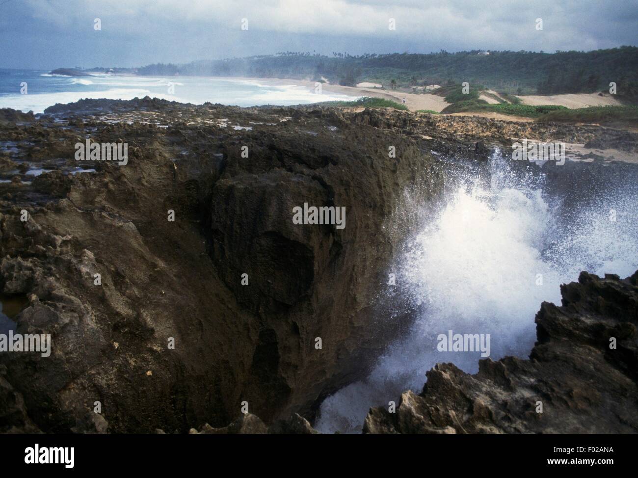 Wellen brechen sich am Norden felsige Küste von Aguadilla, Puerto Rico. Stockfoto