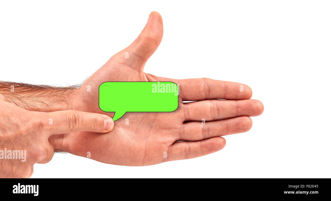 Man sendet eine Nachricht mit der offenen Hand (Ballon-Pfad enthalten) Stockfoto