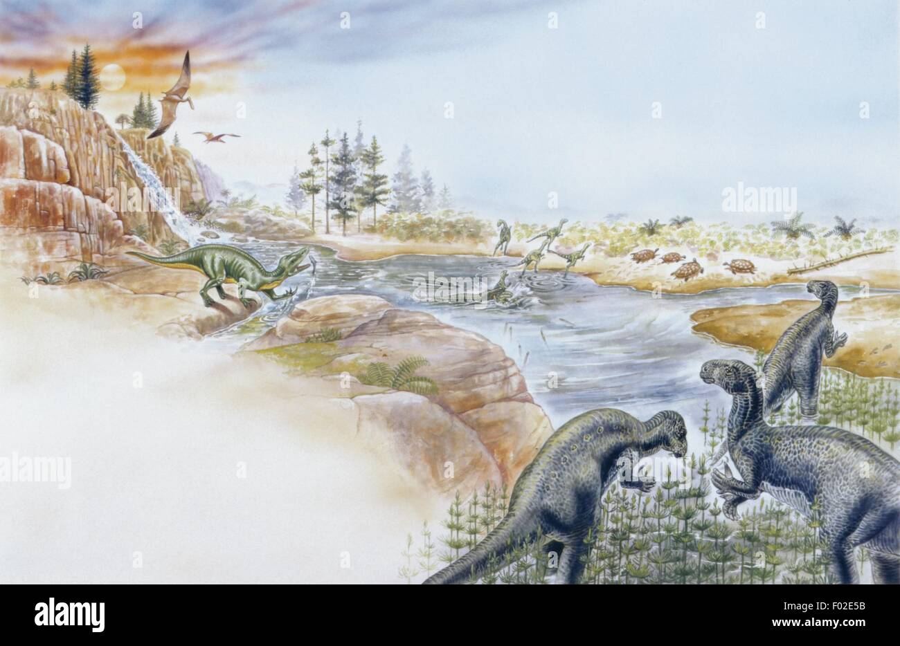 Palaeozoology - Dinosaurier - prähistorische Landschaft - Kunstwerk Stockfoto