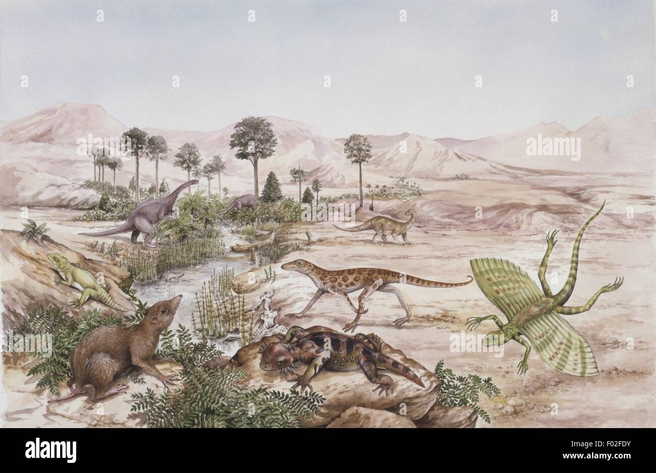 Palaeozoology - Trias - arbeiten Tiere in einer prähistorischen Umwelt - Kunst von Wendy Bramall Stockfoto