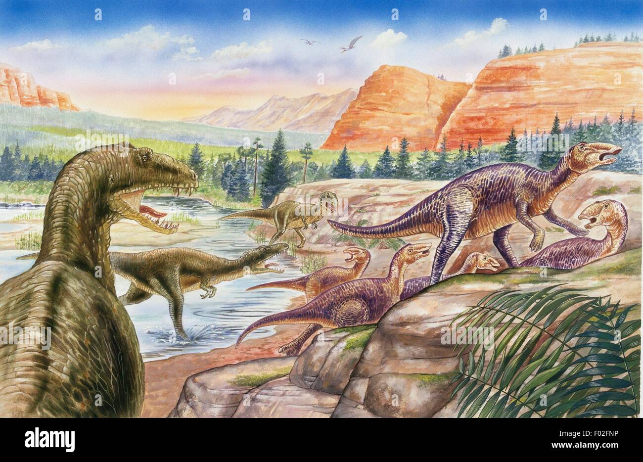 Eine Gruppe von Aublysodon Mirandus, Tyrannosauridae, Jagd für