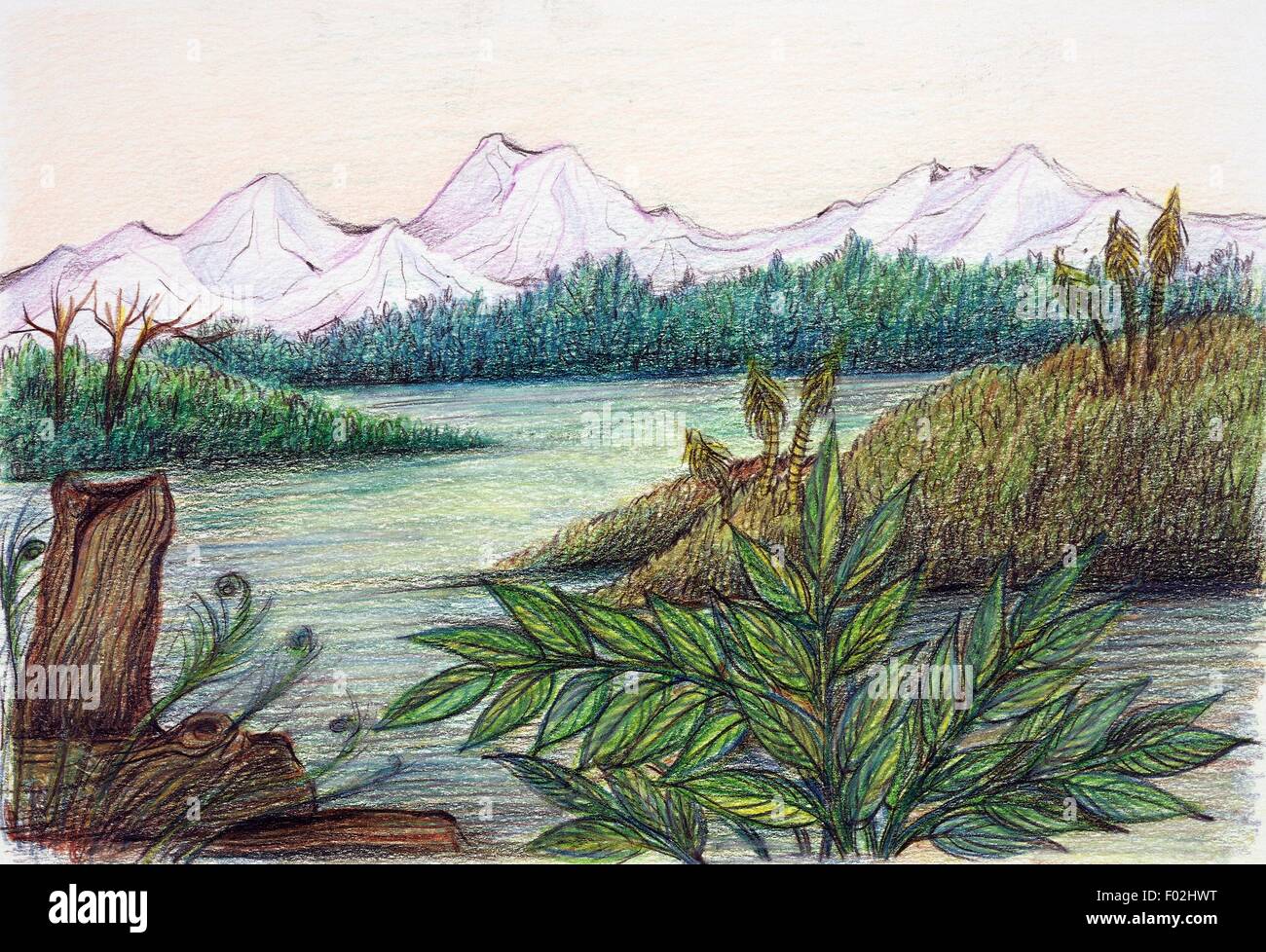 Berge und Flora, Rekonstruktion der prähistorischen natürlichen Gelände, Abbildung. Stockfoto