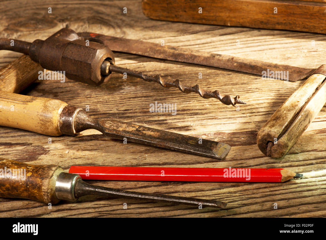 Stillleben mit alten Werkzeugen in den Arbeitsraum Stockfoto