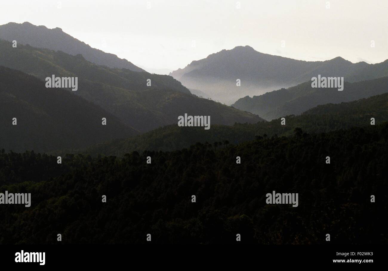 Sunrise-Landschaft gesehen von Ghisoni in Richtung Gorges de l'Inzecca, regionale Naturpark von Korsika (Parc Naturel Regional de Corse), Korsika, Frankreich. Stockfoto