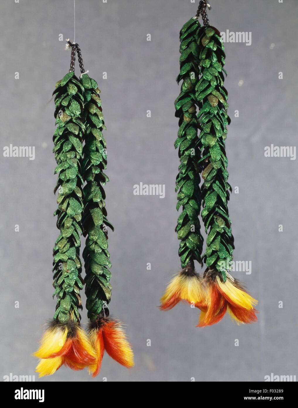 Herren hängende Ohrringe aus Käfer Flügeldecken, Samen und Tukan Federn, Aguarana, Peru. Stockfoto
