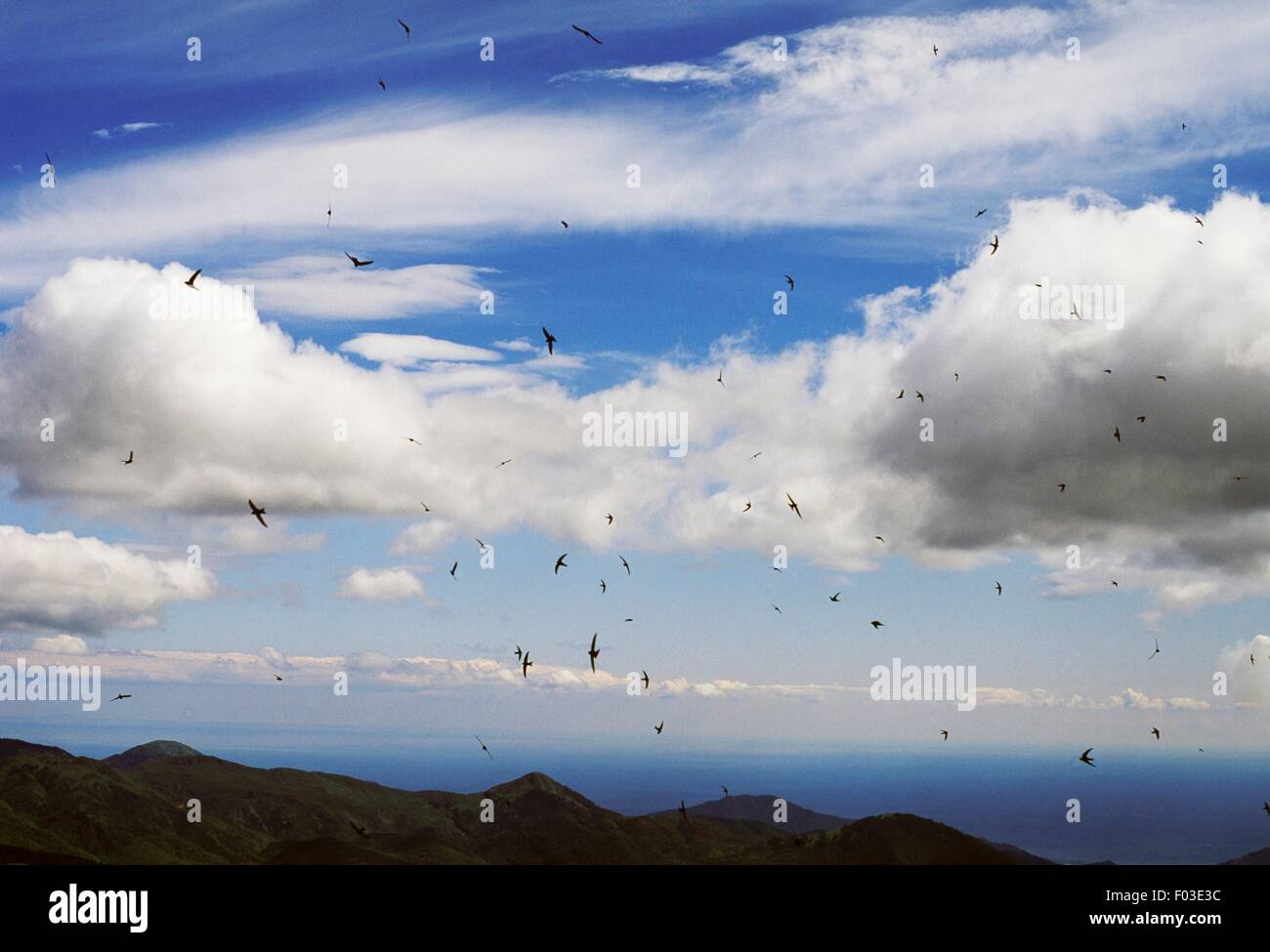 Wolken in den Himmel und Blick auf Meer von Monte Zatta, Naturpark Aveto, Ligurien, Italien. Stockfoto