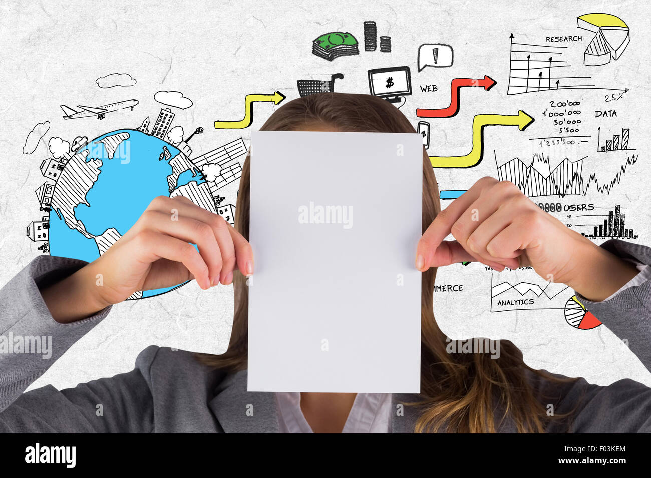 Zusammengesetztes Bild der Geschäftsfrau zeigt eine Karte Stockfoto